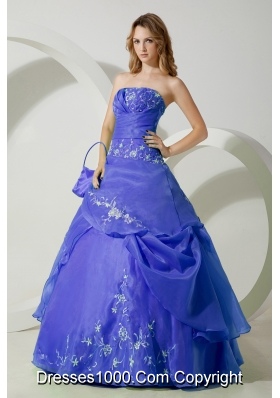 2014 Affordable Purple Puffy Strapless with Chiffon Embroidery Quinceanera Dress