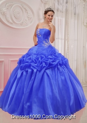 2014 Blue Puffy Strapless Ruching and Beading Quinceanera Dress with Pick-ups