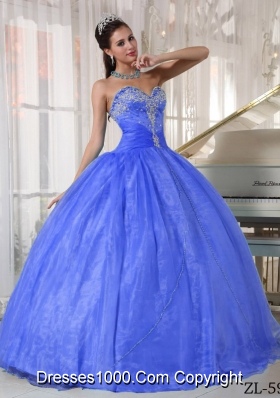 2014 Blue Puffy Sweetheart Appliques Quinceanera Dress with Beading