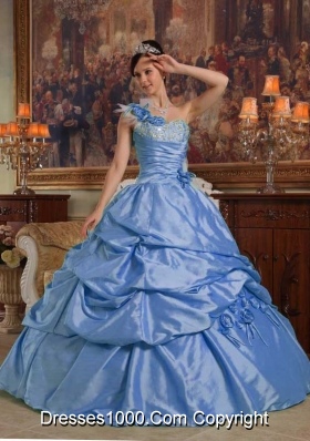 2014 Blue Quinceanera Dress Puffy One Shoulder with Hand Made Flowers and Beading