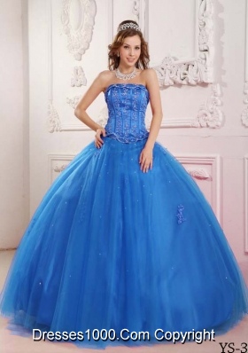 2014 Elegant Puffy Strapless Beading in Blue Quinceanera Dress with Appliques
