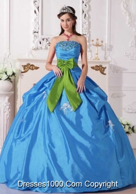 Aqua Puffy Gown Quinceanera Dress Strapless with Beading and Bow for 2014