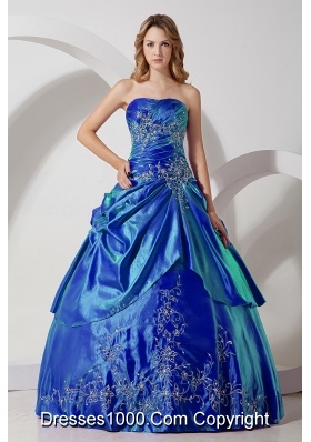 Discount Blue Puffy Strapless Embroidery for 2014 Quinceanera Dresses