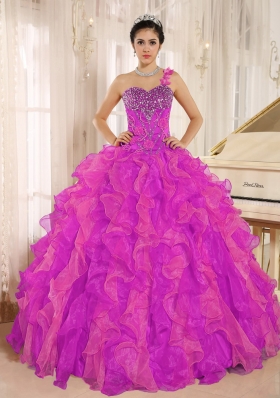 Fuchsia One Shoulder Beaded Decorate and Ruffles Quinceanera Dress for 2014