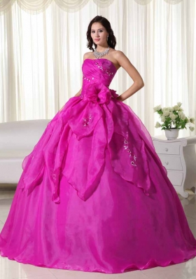 Fuchsia Strapless Organza Appliques and Hand Made Flowers Quinceanera Dress