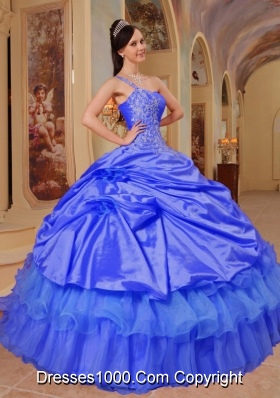 Lovely Blue Puffy One Shoulder for 2014 Quinceanera Dress with Appliques and Hand Made Flowers