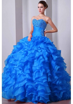 Quinceanea Dress in Aqua Blue Princess Sweetheart with Beading and Ruffles