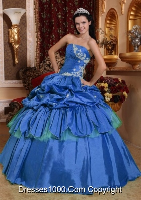 Quinceanera Dress in Blue Puffy for 2014 Strapless with Appliques and Pick-ups
