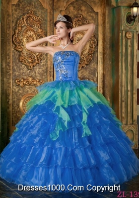 2014 Affordable Blue Puffy Strapless Ruffled Layers Quinceanera Dress with Appliques