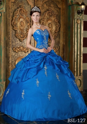 2014 Affordable Blue Puffy Sweetheart Appliques Quinceanera Dress with Beading