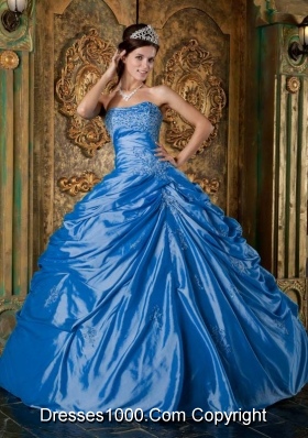 2014 Affordable Teal Puffy Strapless Appliques Quinceanera Dress