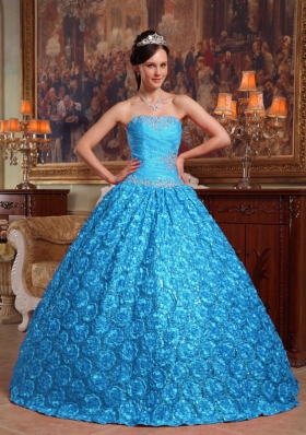 2014 Aqua Blue Puffy Strapless Roling Flowers Quinceanera Dress with Appliques 249.59