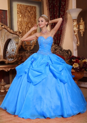 2014 Aqua Blue Puffy Sweetheart Appliques Quinceanera Dress with Pick-ups and Hand Made Flower