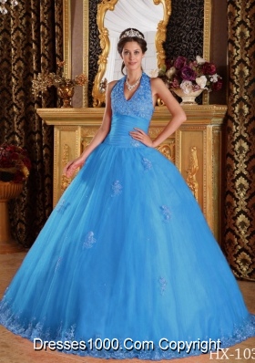 2014 Baby Blue Puffy Halter Appliques Tulle Quinceanera Dress with Beading