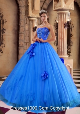 2014 Blue Puffy Strapless Beading Quinceanera Dress with Hand Made Flower
