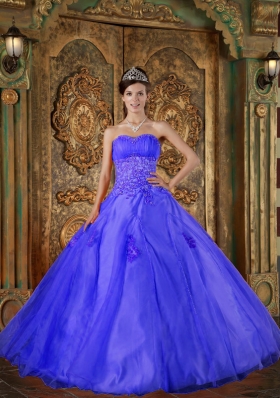 2014 Blue Puffy Sweetheart Appliques Quinceanera Dress with Beading