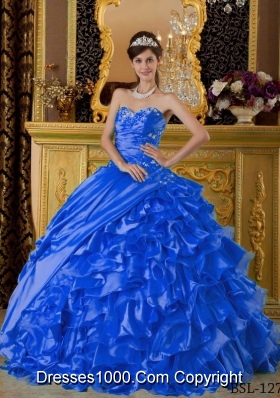 2014 Blue Puffy Sweetheart Appliques Quinceanera Dress with Ruffles