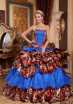 2014 Fashionable Blue Puffy Strapless  Quinceanera Dress with Taffeta and Leopard Pick-ups