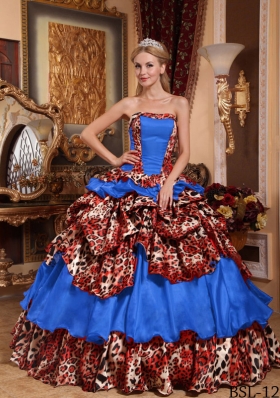2014 Fashionable Blue Puffy Strapless Quinceanera Dress with Taffeta and Leopard Pick-ups