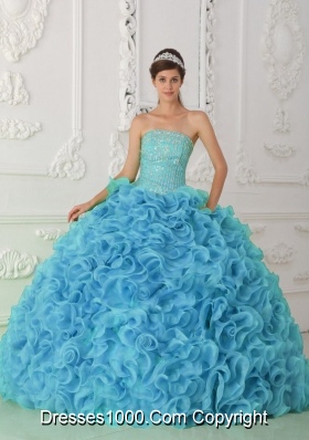 2014 Organza Puffy Strapless Beading Blue Quinceanera Dress with Ruffles