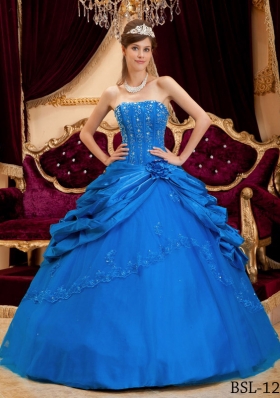 2014 Popular Blue Puffy Strapless Lace Quinceanera Dress with Appliques and Pick-ups