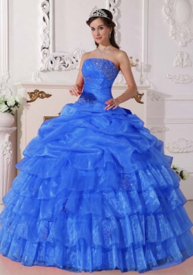 Affordable Blue Pick-ups Strapless for 2014 Appliques Quinceanera Dress with Ruffled Layers