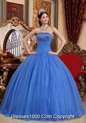 Blue Quinceanera Dress Puffy Strapless with Embroidery and Beading for 2014