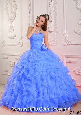 Blue Romantic Puffy Sweetheart Beading Quinceanera Dress with Hand Made Flower