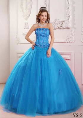 Elegant 2014 Teal Puffy Quinceanera Dress with Appliques and Beading