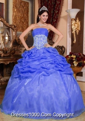 Modest Blue Puffy Strapless for 2014 Appliques Quinceanera Dress with Pick-ups
