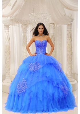 Custom Made Aqua Blue Sweetheart Ruffles and Embroidery For Quinceanera Wear In 2014