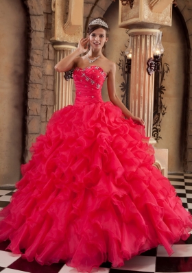 Coral Red Quinceanera Dress Sweetheart Puffy Ball Gown