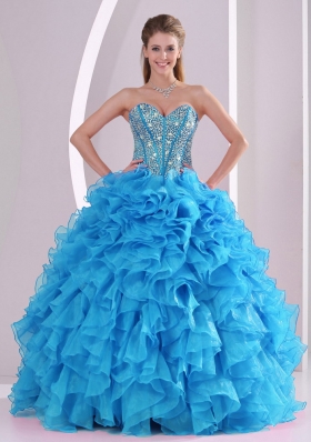 Aqua Blue Sweetheart Organza 2014 Quinceanera Gowns with Fitted Waist
