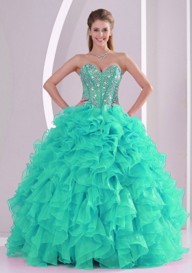 Fall Ball Gown Sweetheart Ruffles and Beaded Decorate Turquoise Quinceanera Gowns