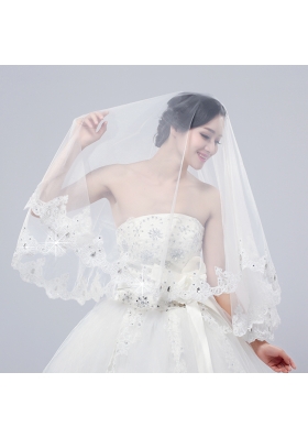 2014 Two-Tier Tulle Lace Appliques Edge Bridal Veils