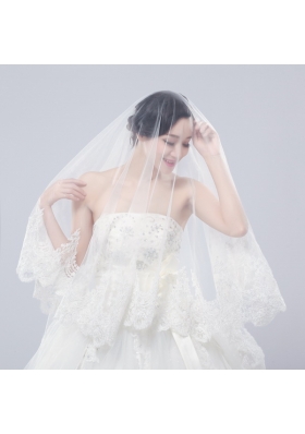 One-Tier Drop Veil Bridal Veils with Lace Appliques Edge