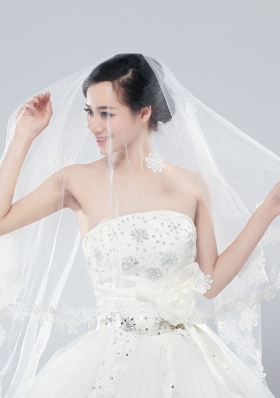 2014 Two-Tier Tulle Elbow Veils with Lace Edge
