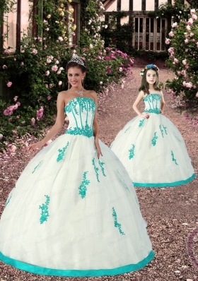 2015 Spring Satin and Organza Appliques Princesita Dress in White and Aqua Blue