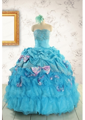 2015 Cheap Aqua Blue Appliques Quinceanera Dresses with Appliques