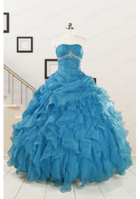 2015 Elegant Strapless Blue Quinceanera Dresses with Beading and Ruffles