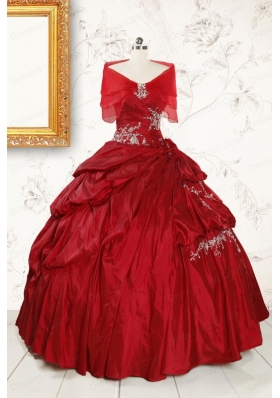 Ball Gown Sweetheart Appliques 2015 Quinceanera Dress in Wine Red