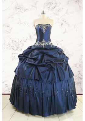 Cheap Navy Blue Quinceanera Dress with Embroidery and Pick Ups