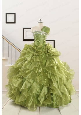 Inexpensive Olive Green Dresses for Quince with Beading and Ruffles