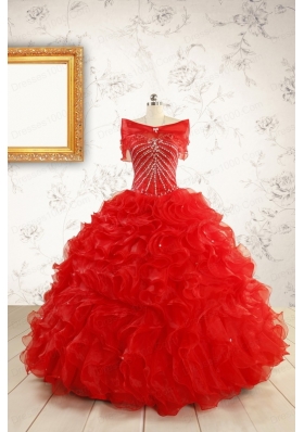 Exquisite Beading and Ruffles Red Quinceanera Gowns with Wrap for 2015
