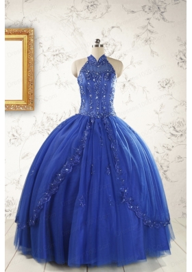 2015 HalterTop Appliques and Beading Dresses For 15 in Royal Blue