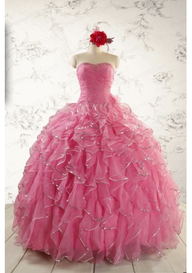 2015 Pretty Beading Quinceanera Dresses in Rose Pink