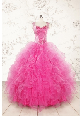 2015 Pretty Straps Hot Pink Quinceanera Dresses with Beading