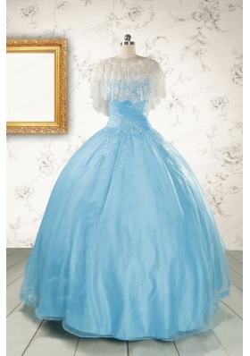 2015 Puffy Beading Baby Blue Quinceanera Dress with Wraps