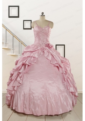 2015 Sweet Spaghetti Straps Beading Pink Quinceanera Dresses