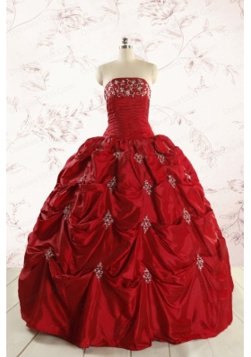 Discount Strapless Wine Red Appliques Quinceanera Dresses for 2015